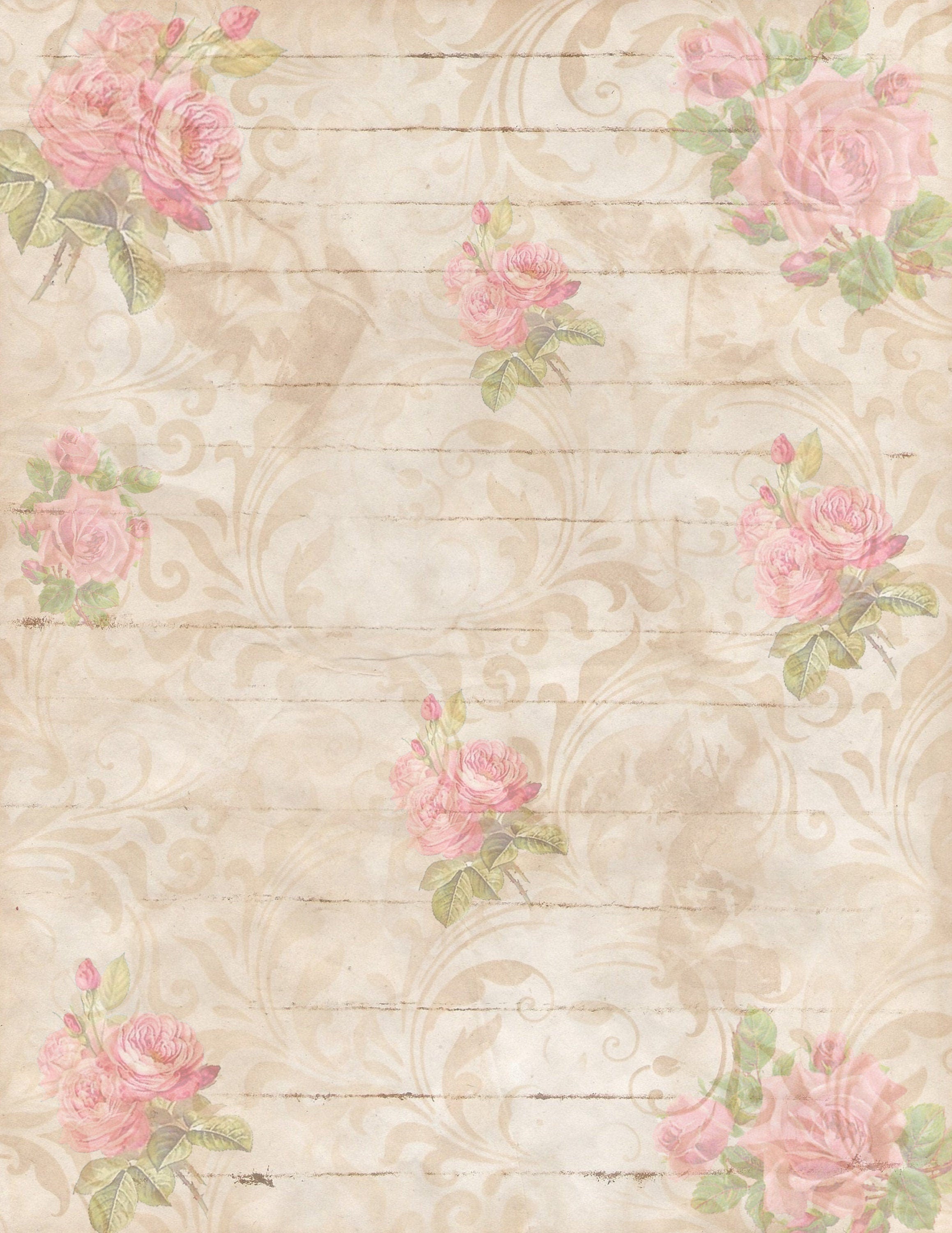 Digital Download - Portrait and Landscape Pages - A Charming Coffee Stained Rose Bouquet for Junk Journals, Tags, Envelopes
