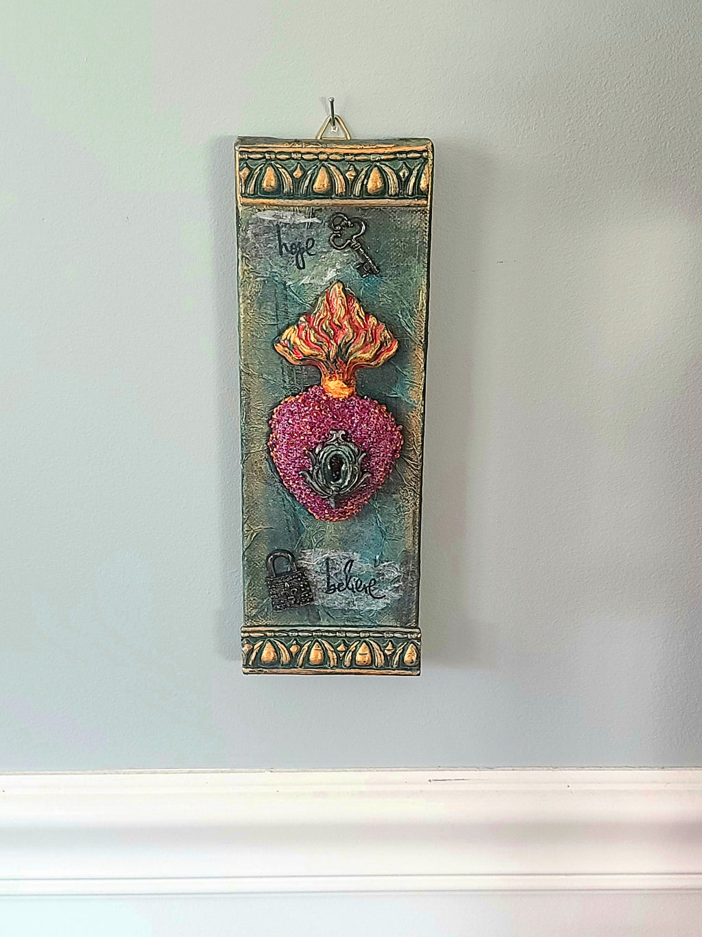 Canvas Wall Hanging, Mixed Media Art, Sacred Heart, Flaming Heart