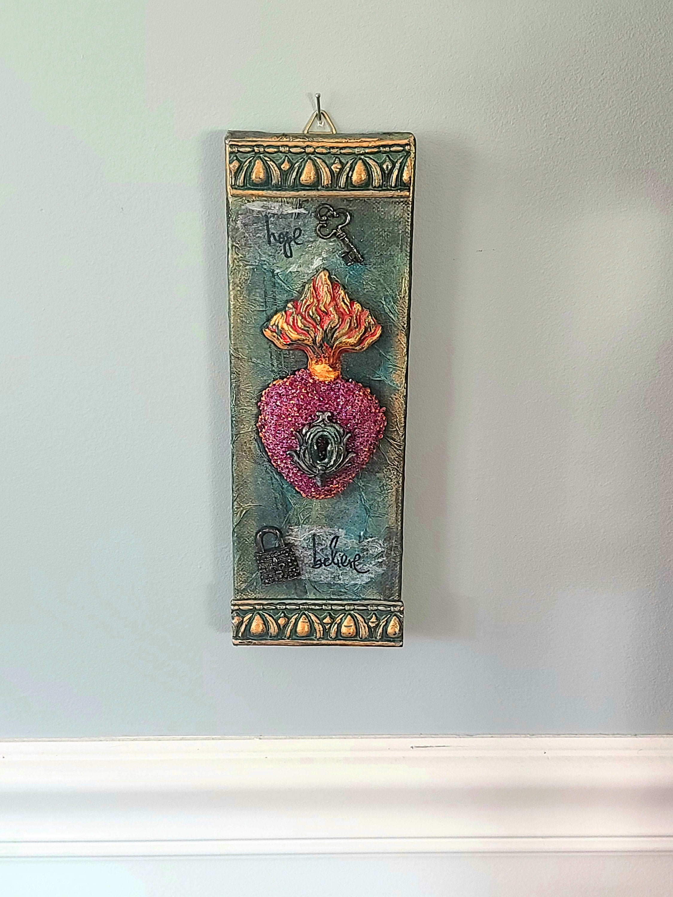 Canvas Wall Hanging, Mixed Media Art, Sacred Heart, Flaming Heart