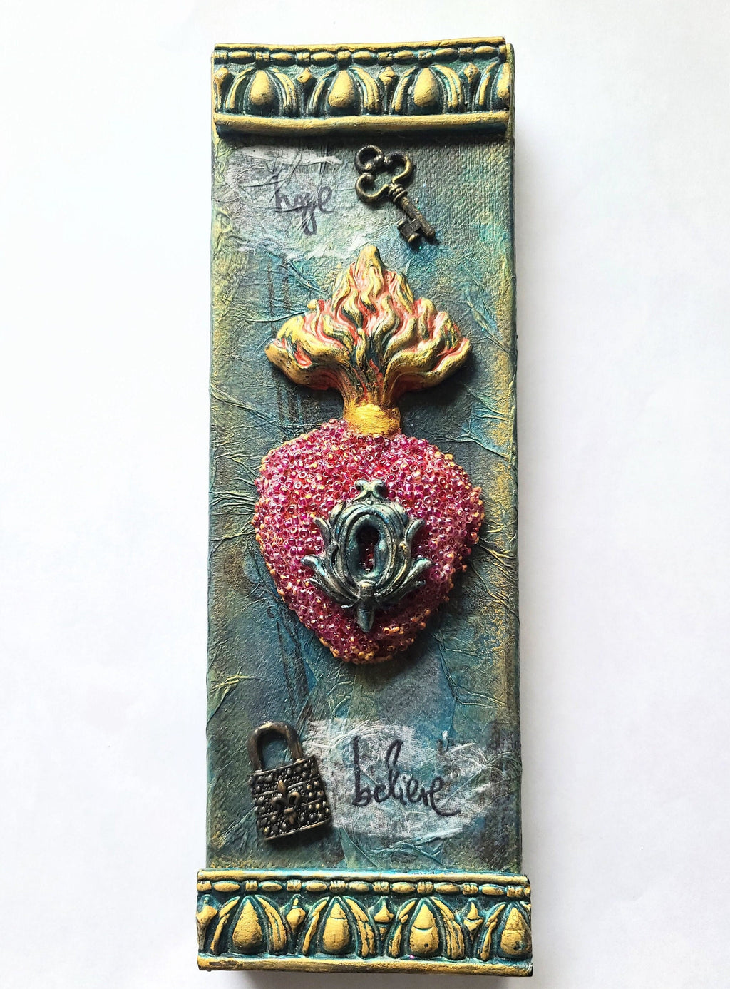Canvas Wall Hanging, Mixed Media Art, Sacred Heart, Flaming Heart