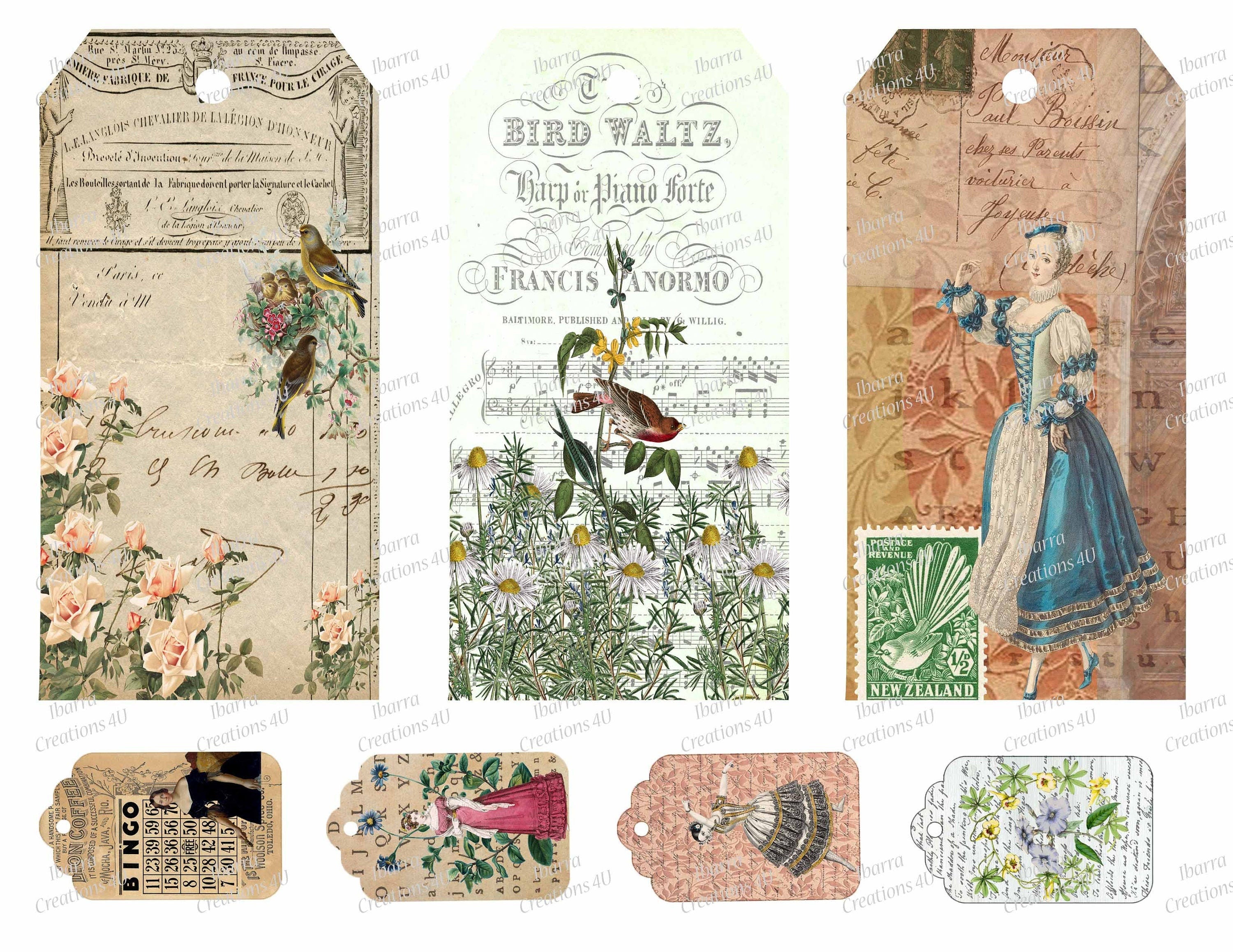 Digital Collage Large Tags, Ready to Print Ephemera