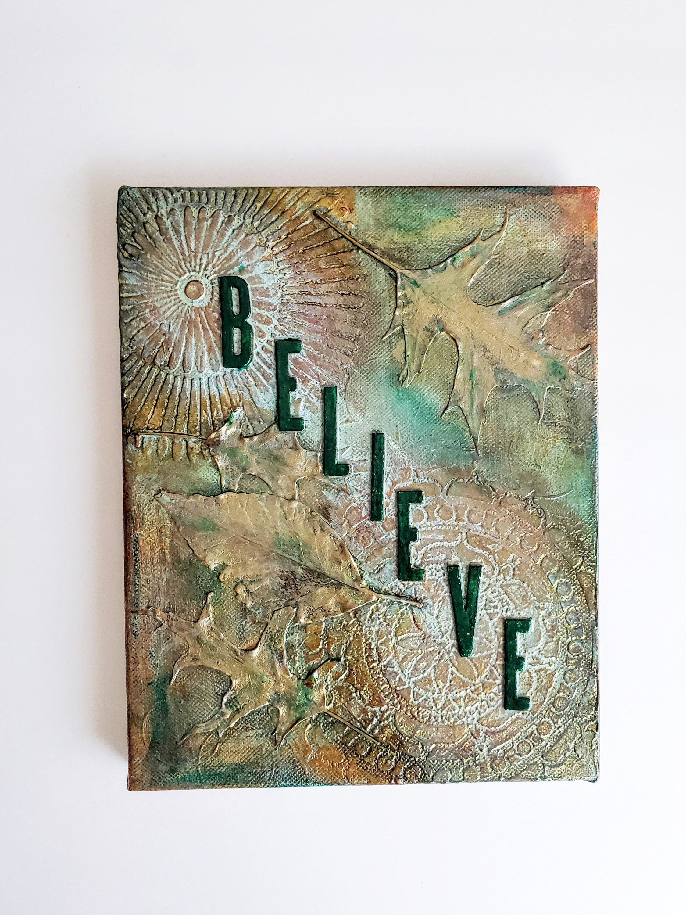 Mixed Media Canvas-Meditation Board-Natural Leaves-Wall Hanging