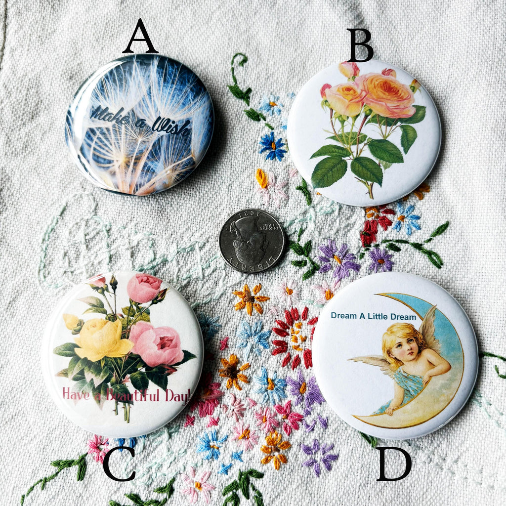 Pinback Buttons-You Pick Image-Roses-Angel-Dandelion