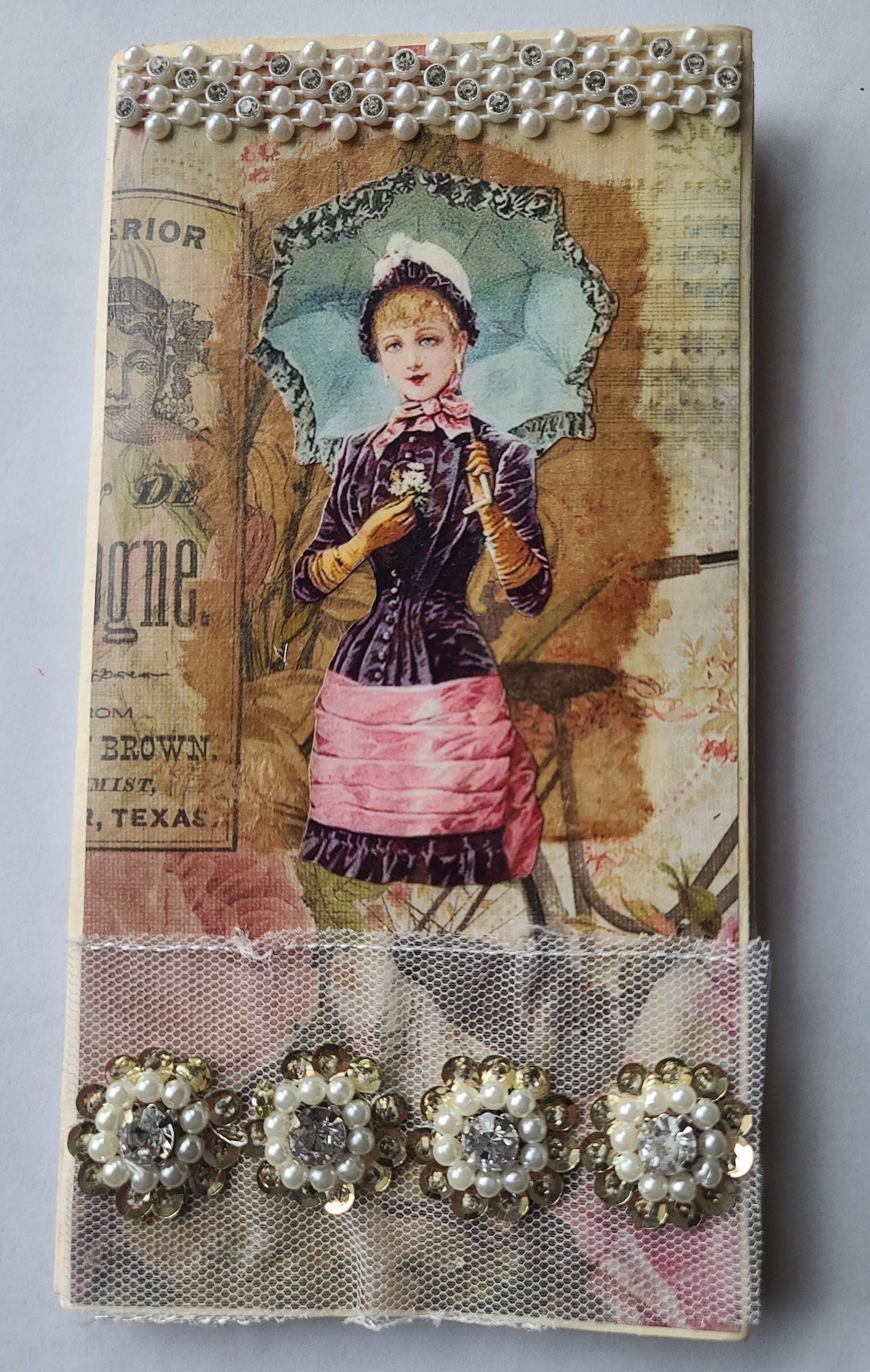 Handmade Multi-Flip File Folder Journal - Vintage Theme, Faux Pearl Accents