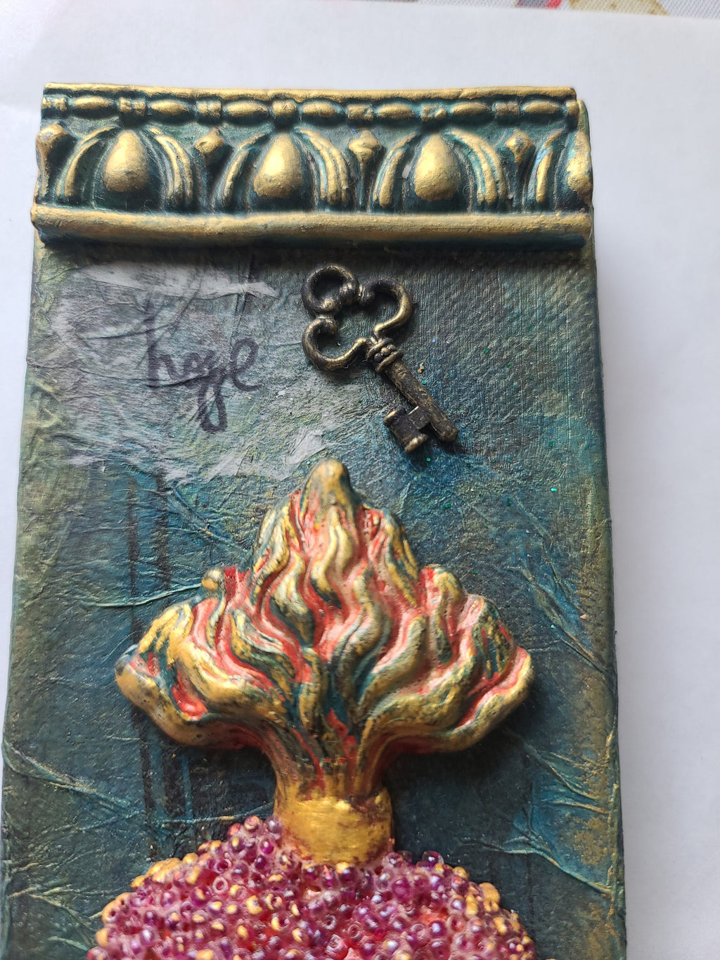 Canvas Wall Hanging, Mixed Media Art, Sacred Heart, Flaming Heart