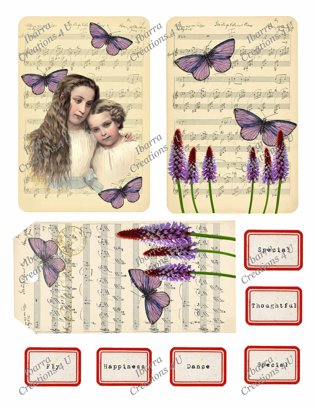 Digital Kit - Two Sisters - Butterflies - Purple Flowers - Printable Journaling Cards