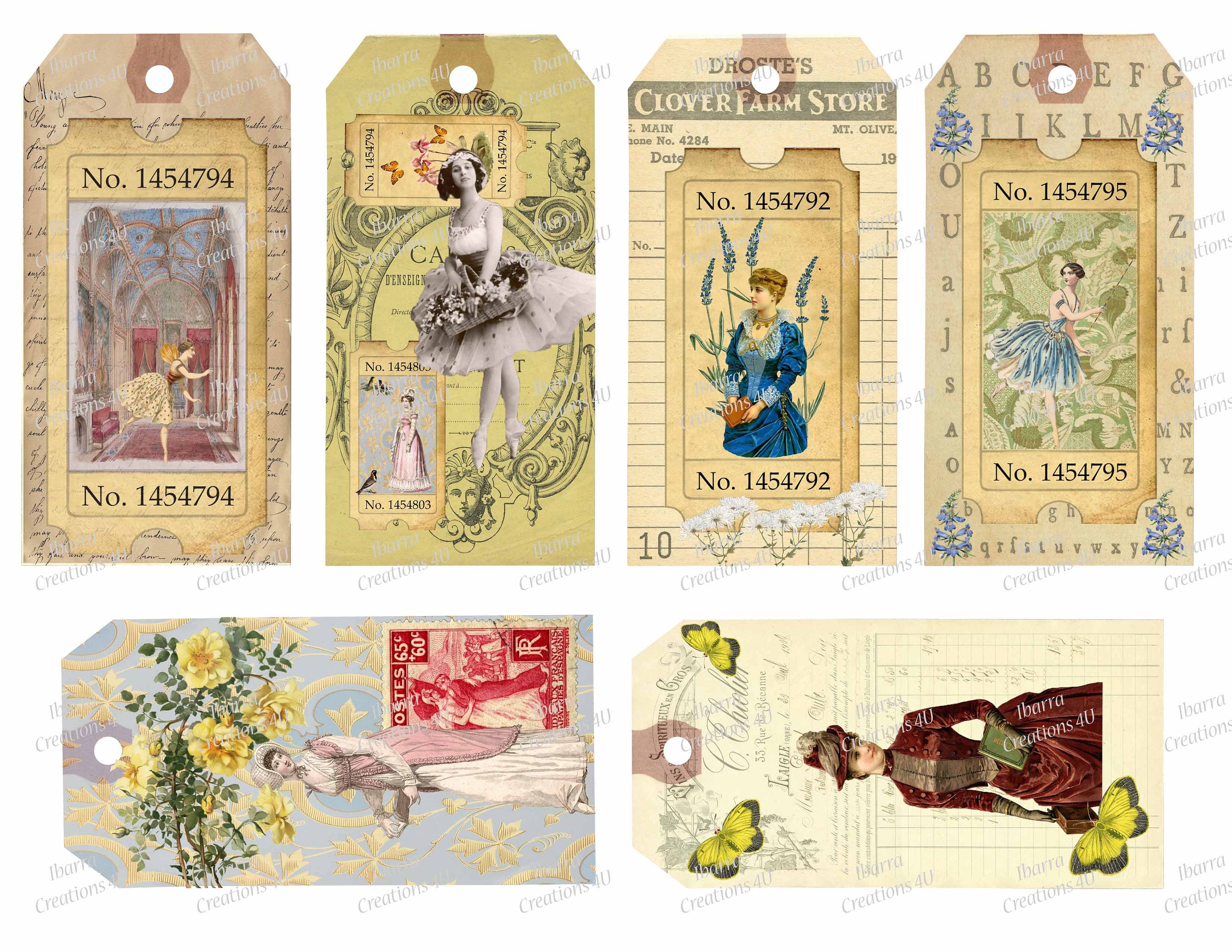 Digital Collage Tags, Ready to Print Ephemera for Journals, Scrapbooks, Cards