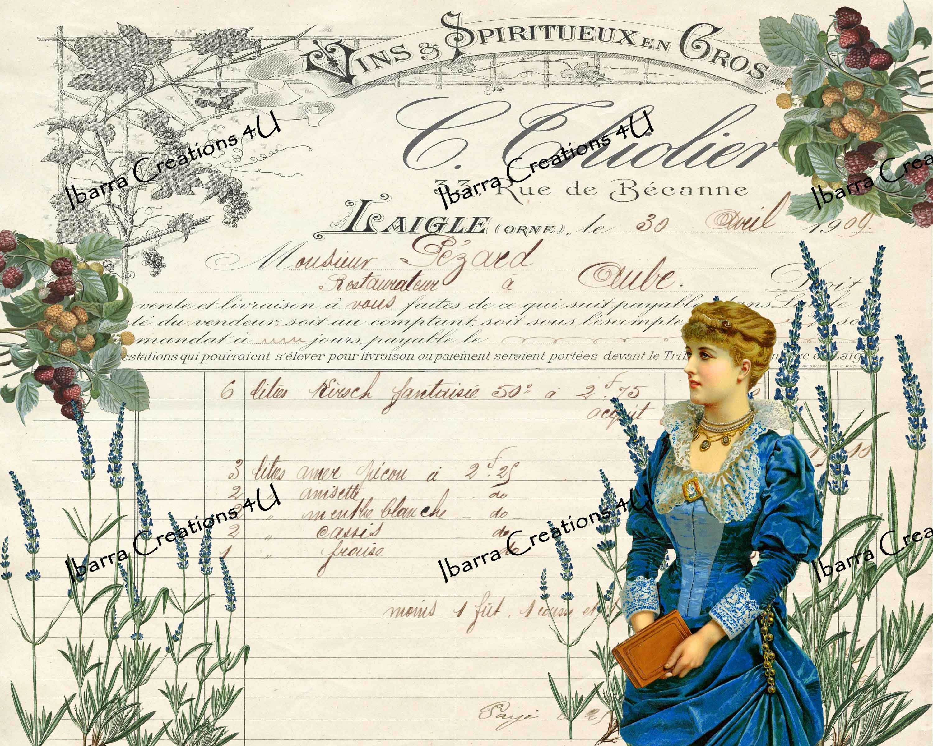 Digital Kit-Vintage French Receipt with a Victorian Beauty