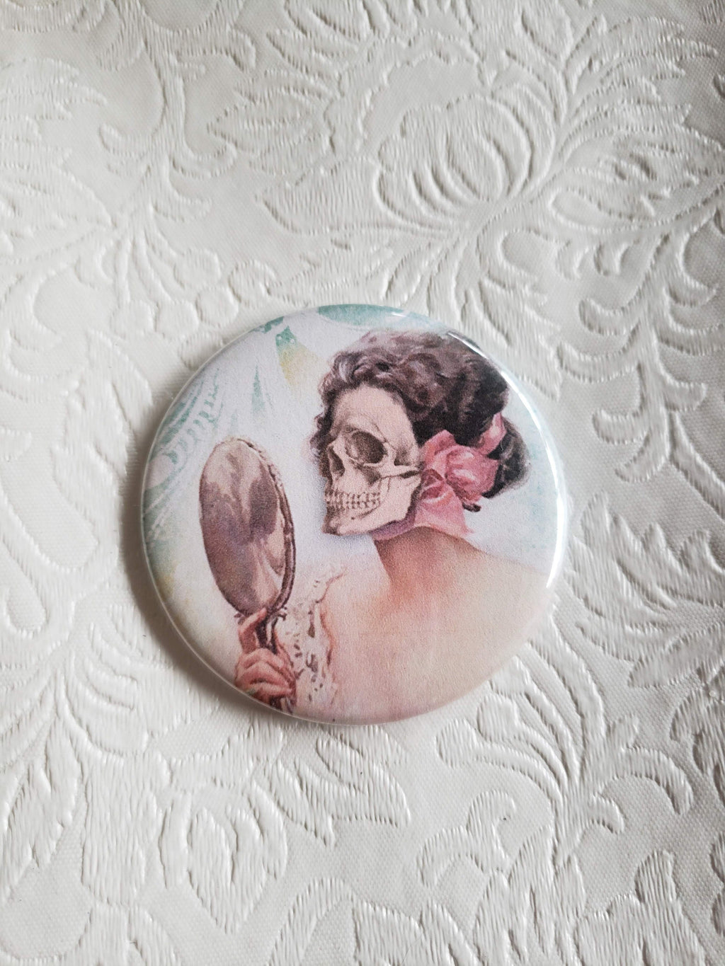 2.25 inch Pocket Purse Mirror, Victorian Beauty with Skull Mask, Make-up Accessories