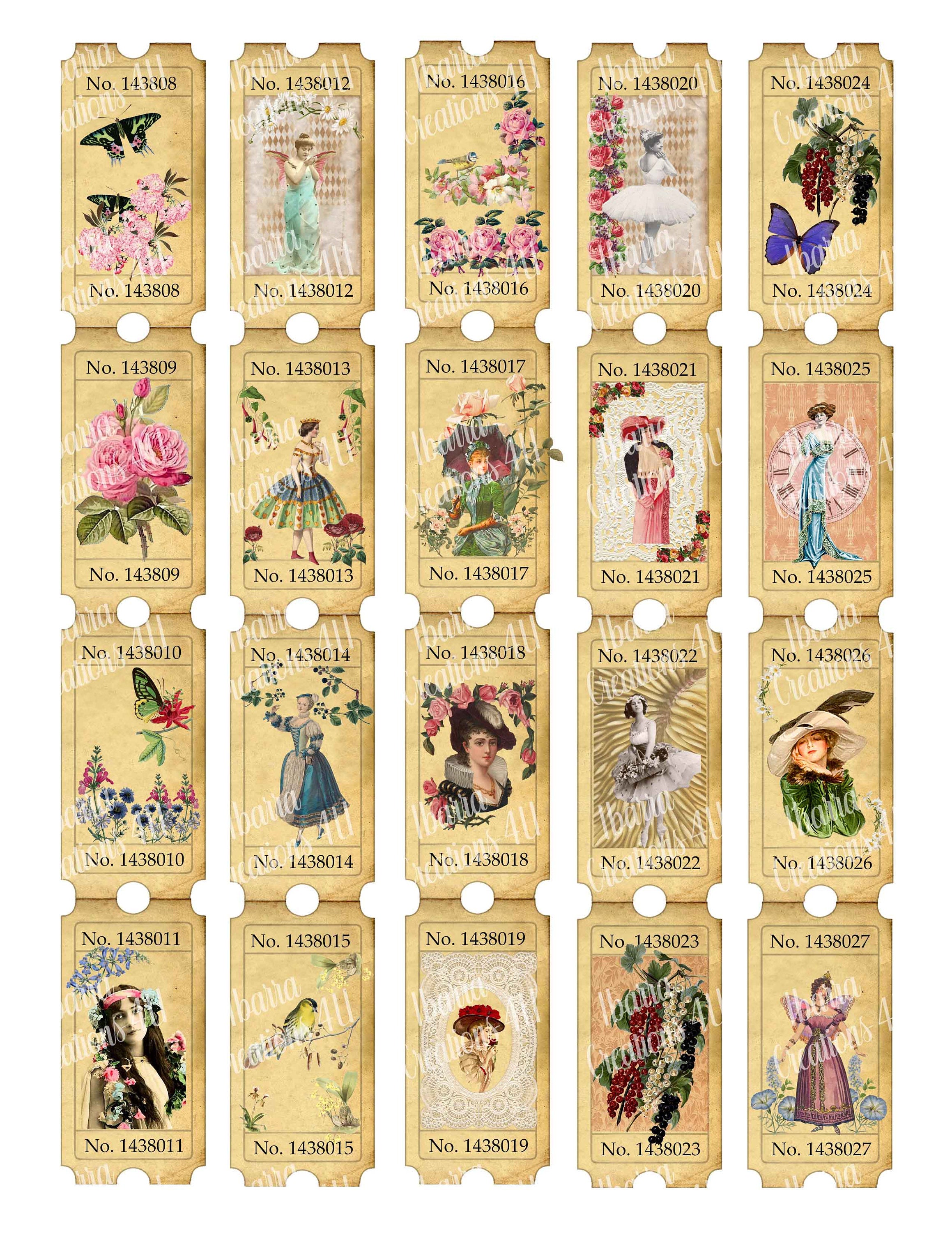 Digital Download-20 Unique Faux Tickets-Victorian Ladies, Ballerinas