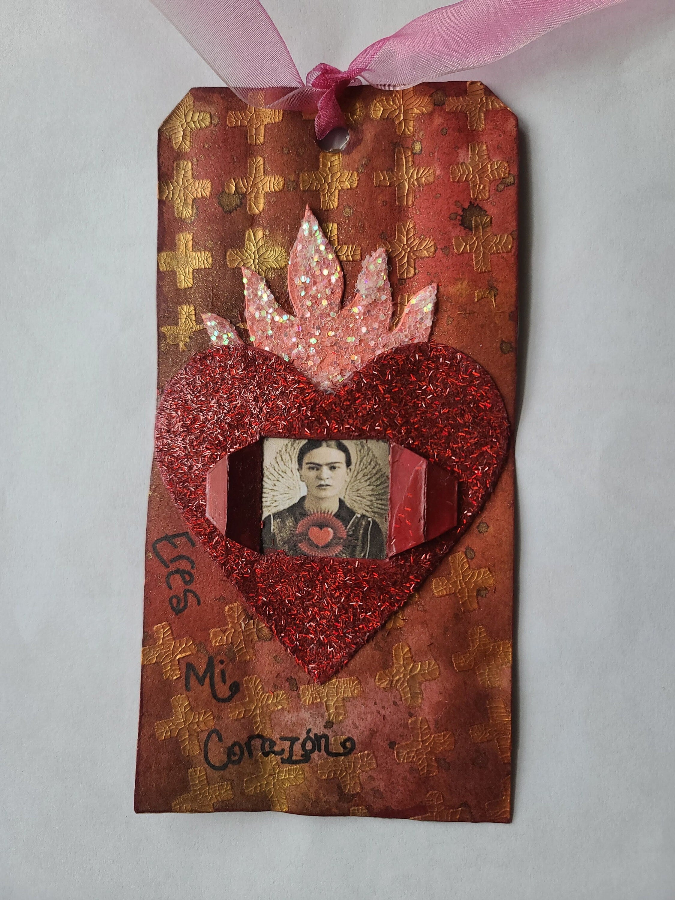 Frida Kahlo Mixed Media Tag, Sacred Heart, Altered Tag for Journals, Scrapbooking, Junk Journal