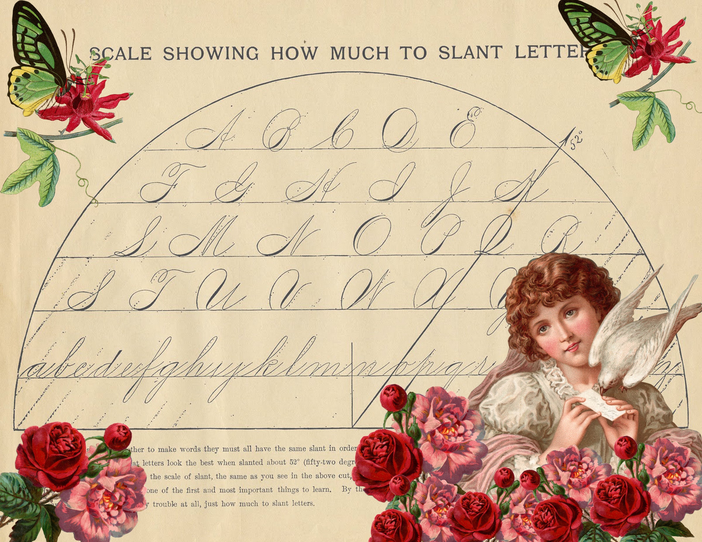 Instant Download-Victorian Girl Holding White Dove-Vintage Alphabet Practice Page