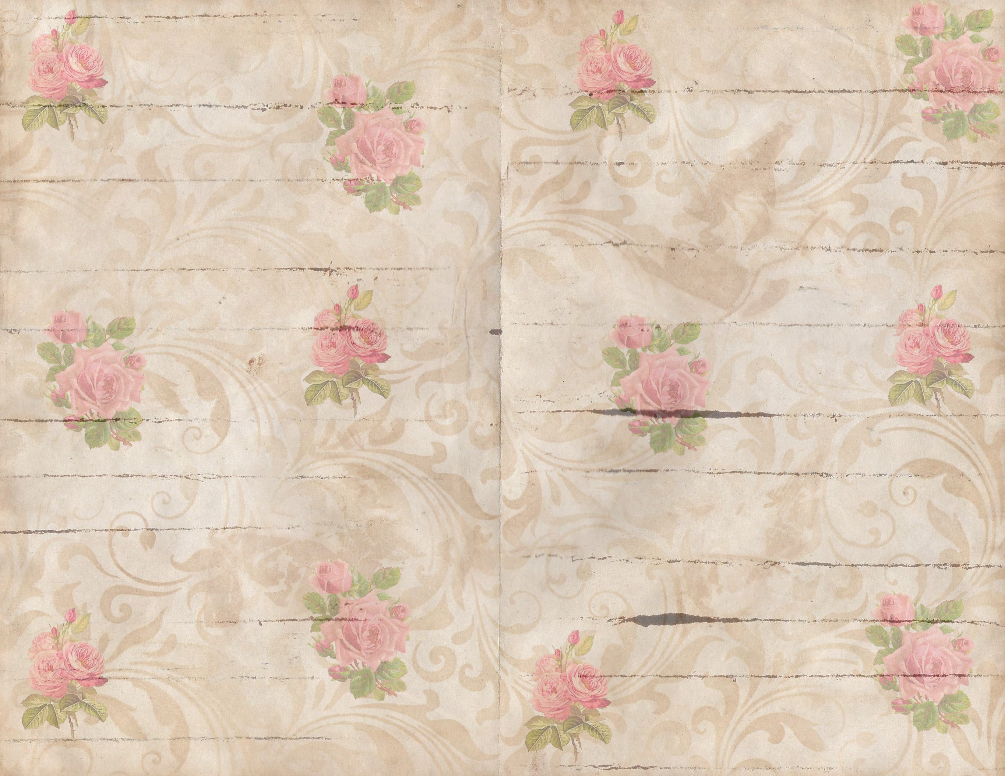 Digital Download - Portrait and Landscape Pages - A Charming Coffee Stained Rose Bouquet for Junk Journals, Tags, Envelopes