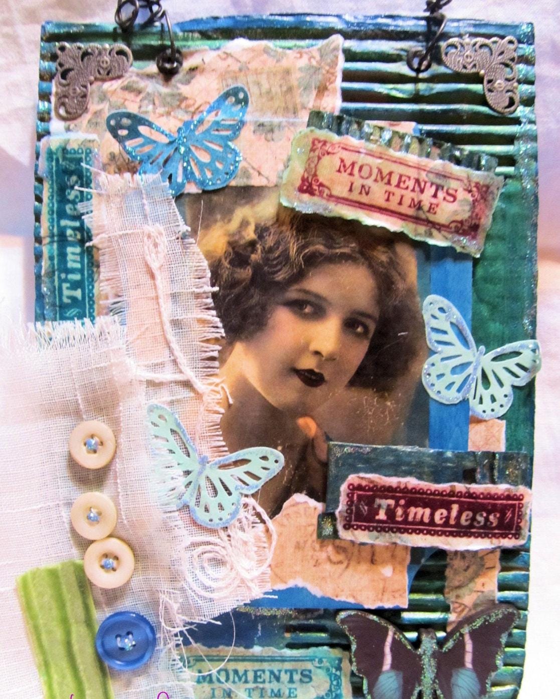 Distressed Wall Art - Corrugated Cardboard Measures 6.5" W x 9" L - Vintage Fabric