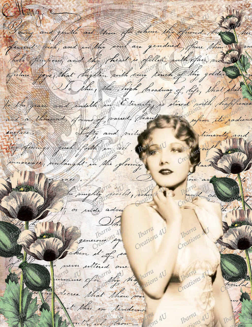 1920s Flapper, Printable, Pink Poppy Flowers Background (Digital Download)