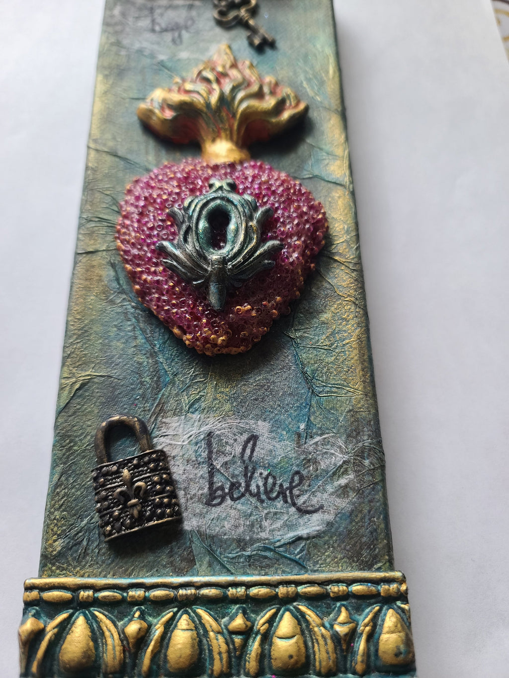 Canvas Wall Hanging, Mixed Media Art, Sacred Heart, Flaming Heart