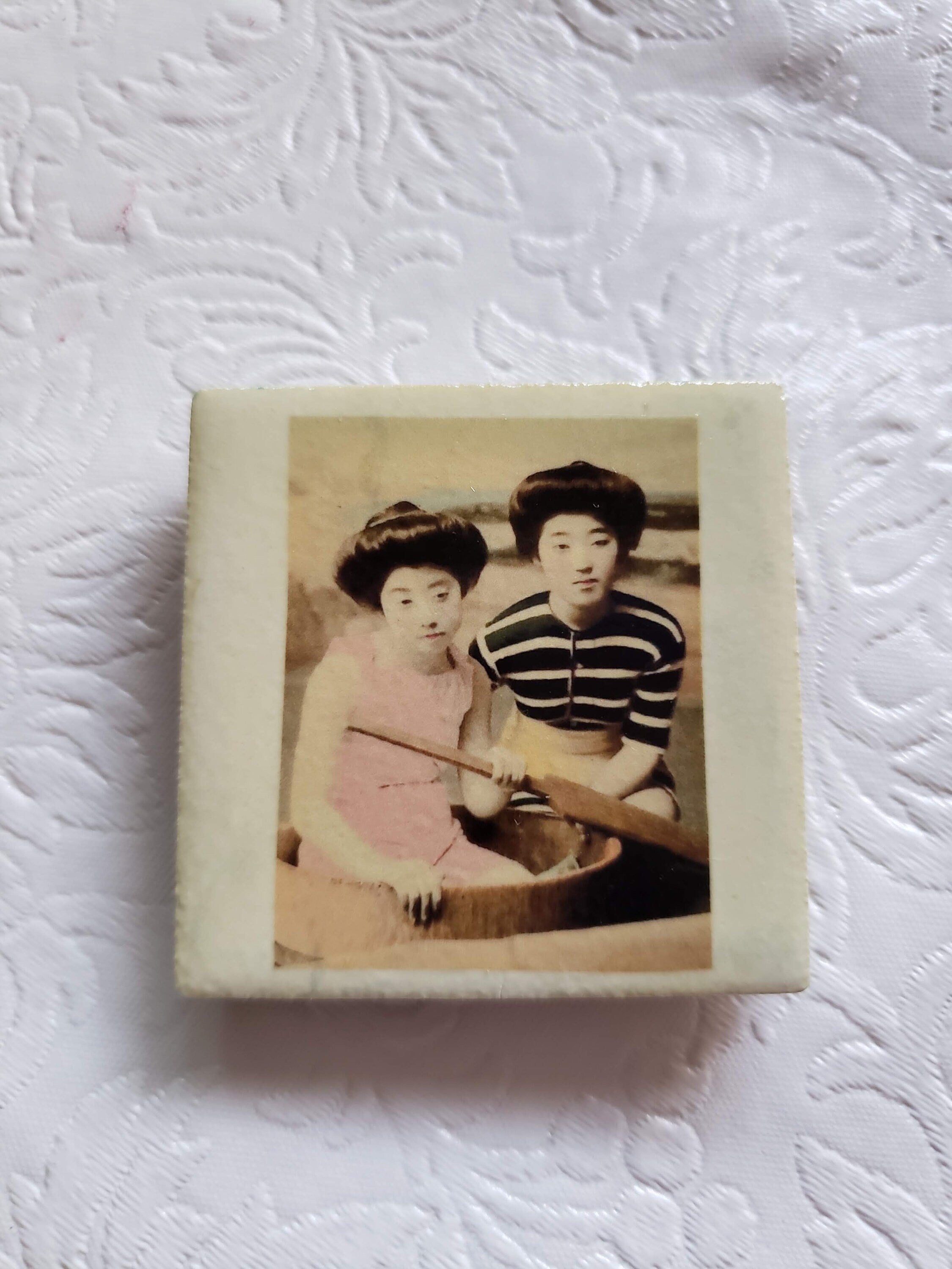 2 inch Tile Magnet - Miniature Decoration - Vintage Post Card - Two Asian Women