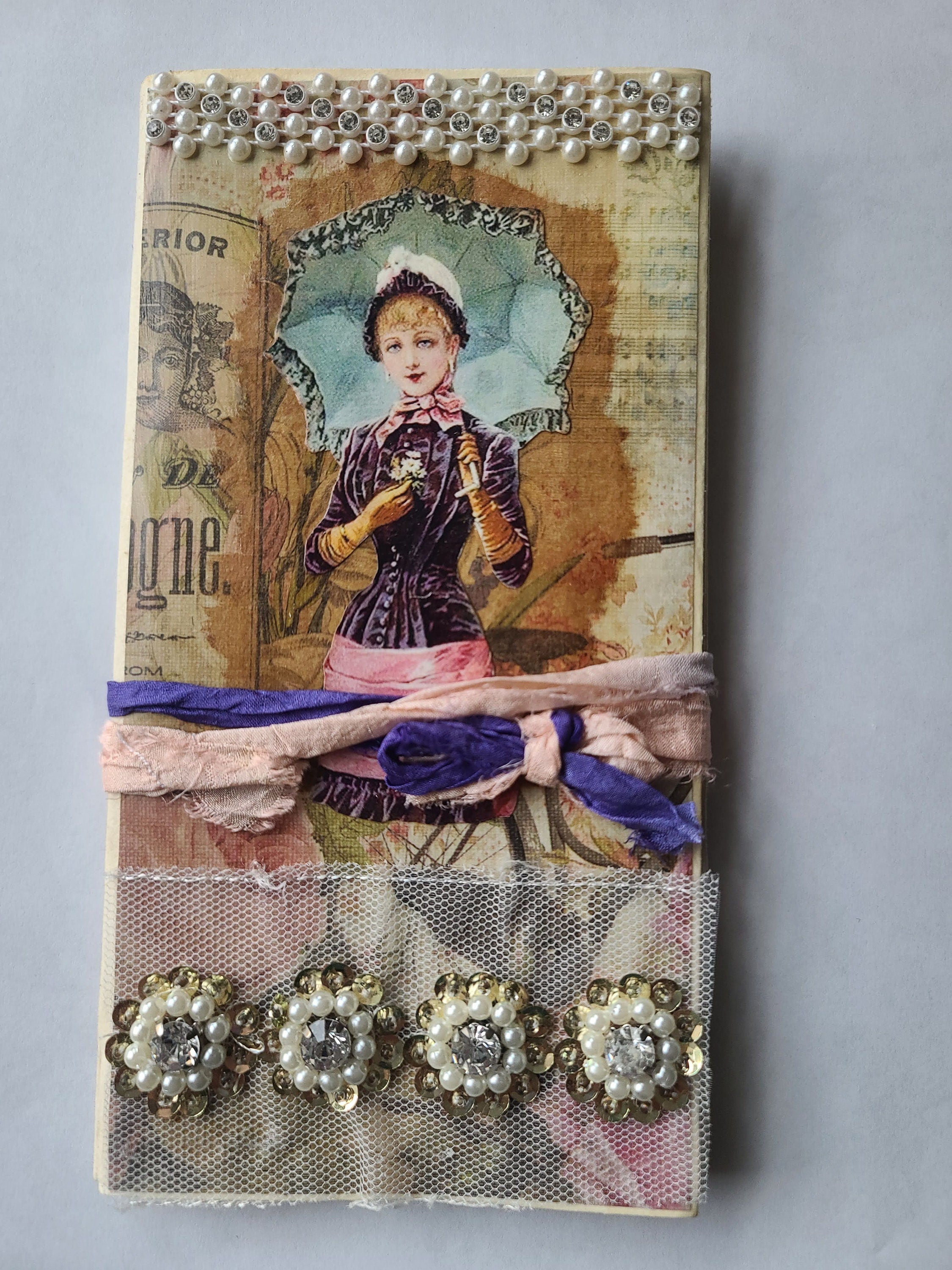 Handmade Multi-Flip File Folder Journal - Vintage Theme, Faux Pearl Accents