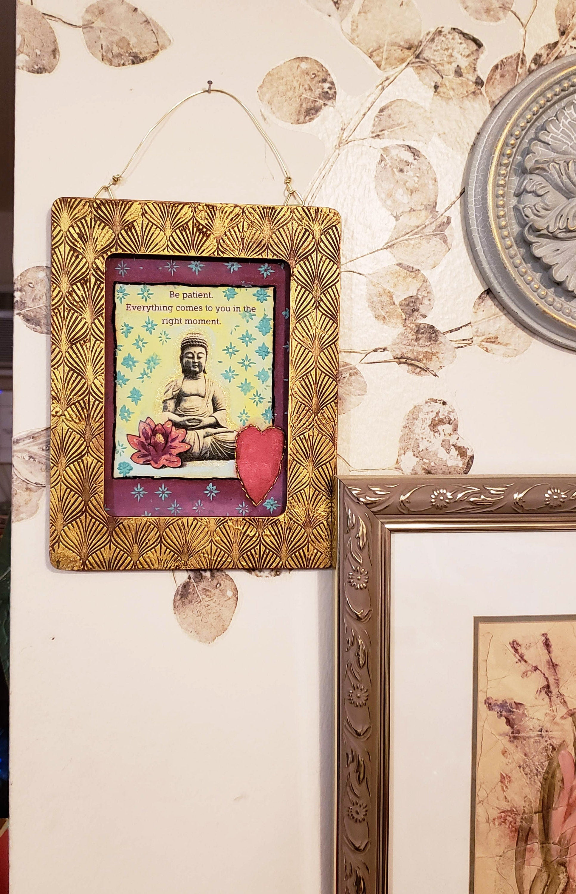 Hand Painted Frame-Buddha Uplifting Message-Embroidered Heart, Mother's Day, Birthday