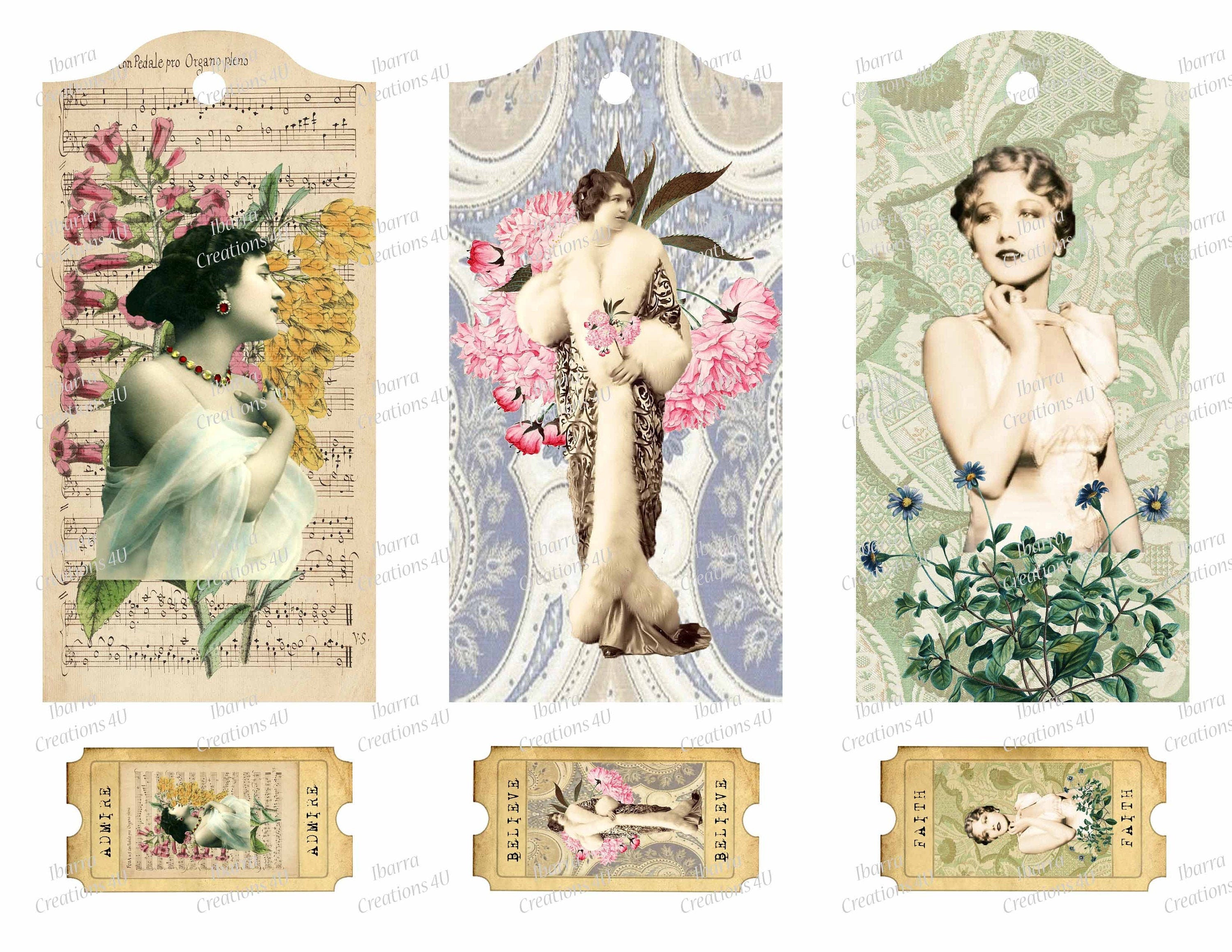 Digital Collage Tags, Ready to Print Ephemera, Add to Journals, Scrapbooks