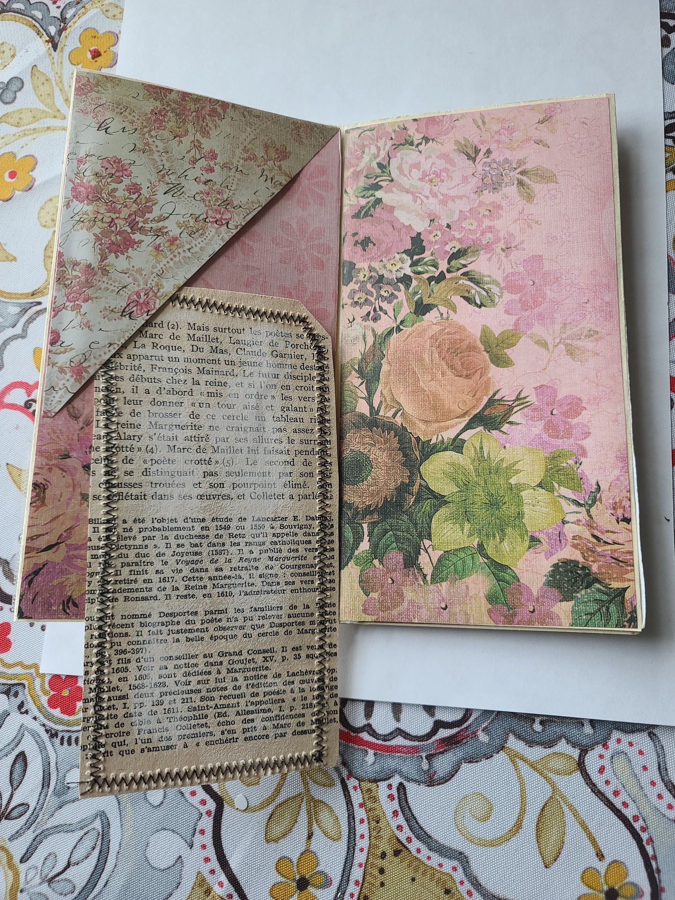 Handmade Multi-Flip File Folder Journal - Vintage Theme, Faux Pearl Accents