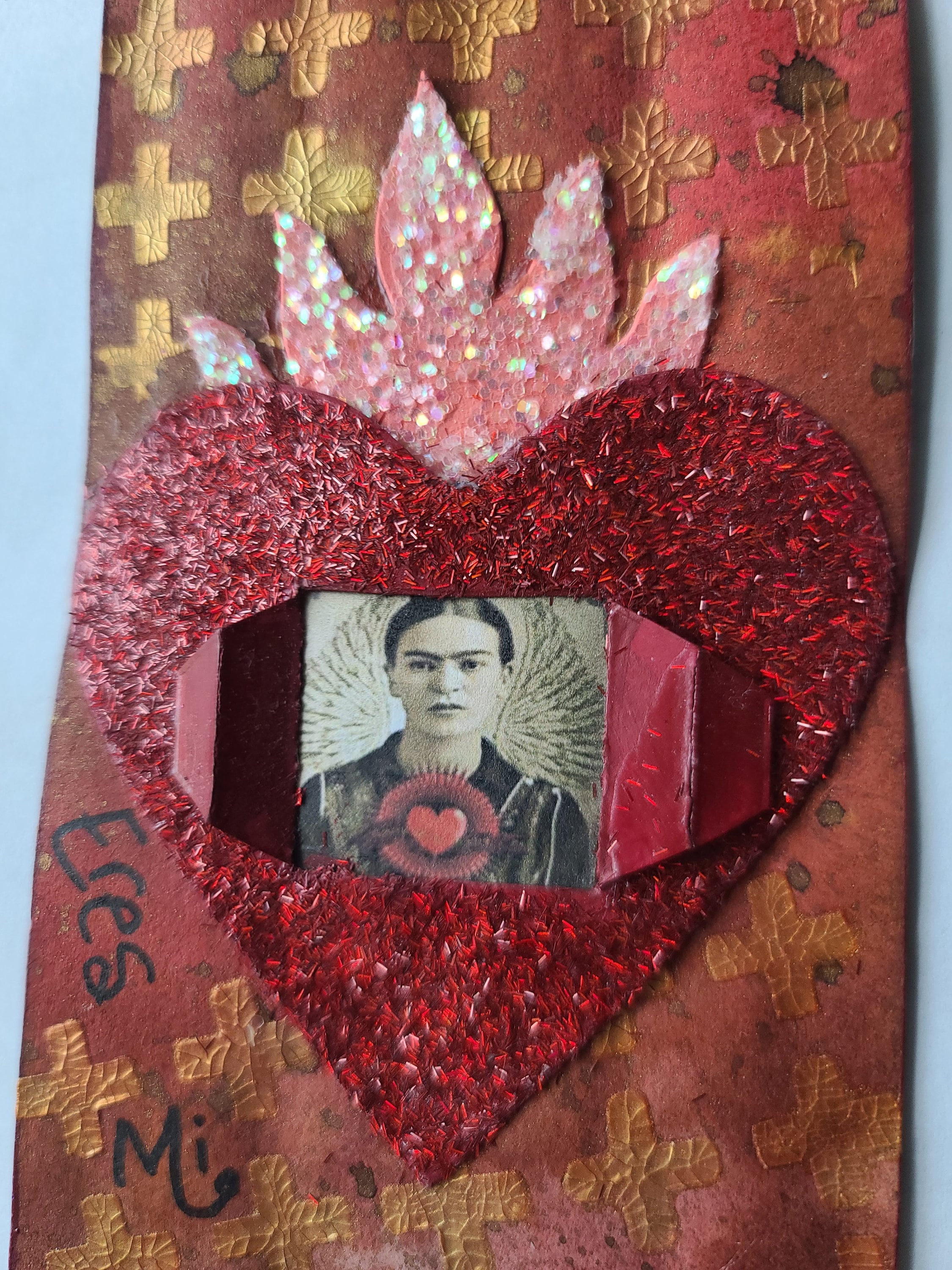 Frida Kahlo Mixed Media Tag, Sacred Heart, Altered Tag for Journals, Scrapbooking, Junk Journal