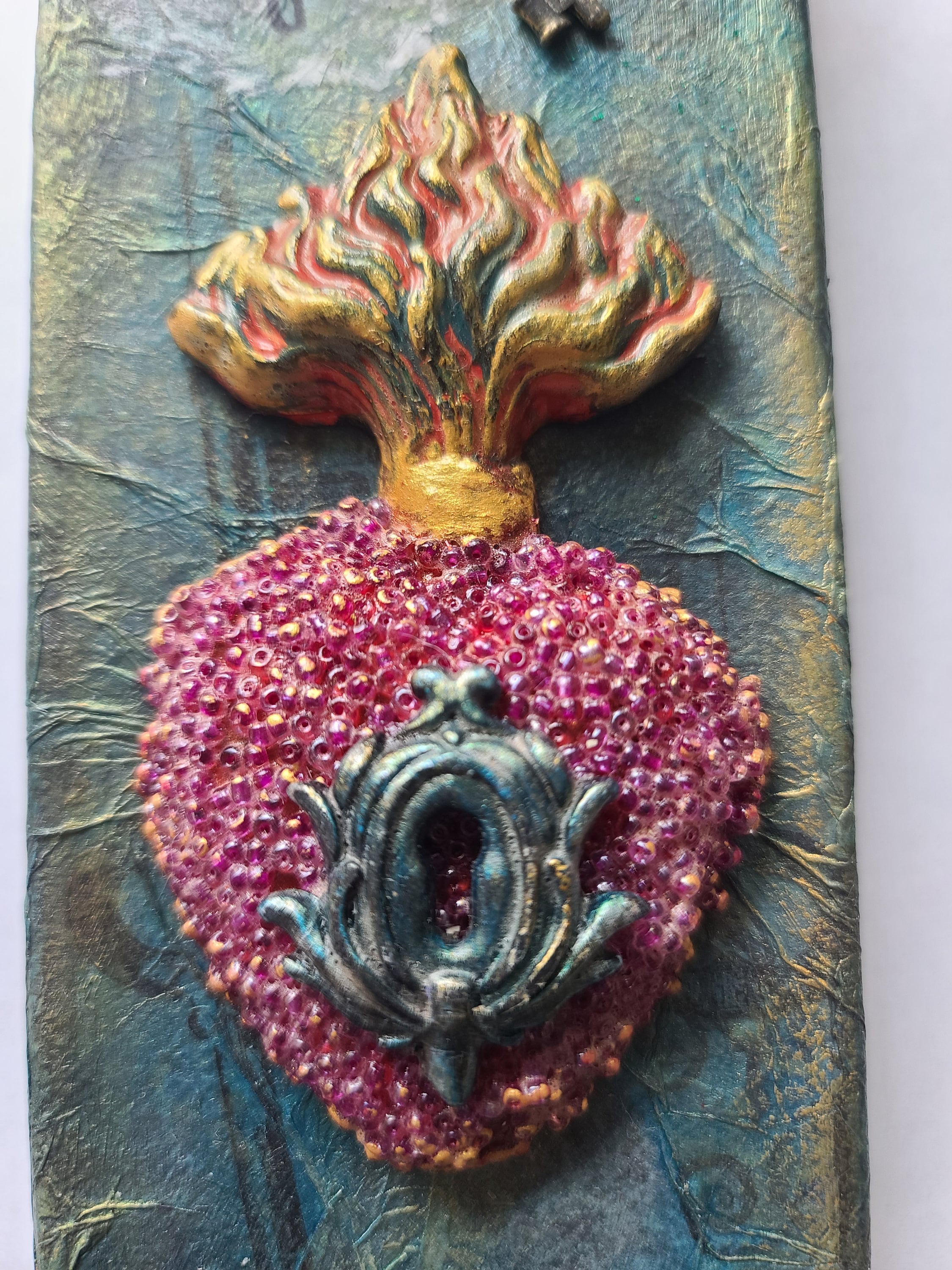 Canvas Wall Hanging, Mixed Media Art, Sacred Heart, Flaming Heart