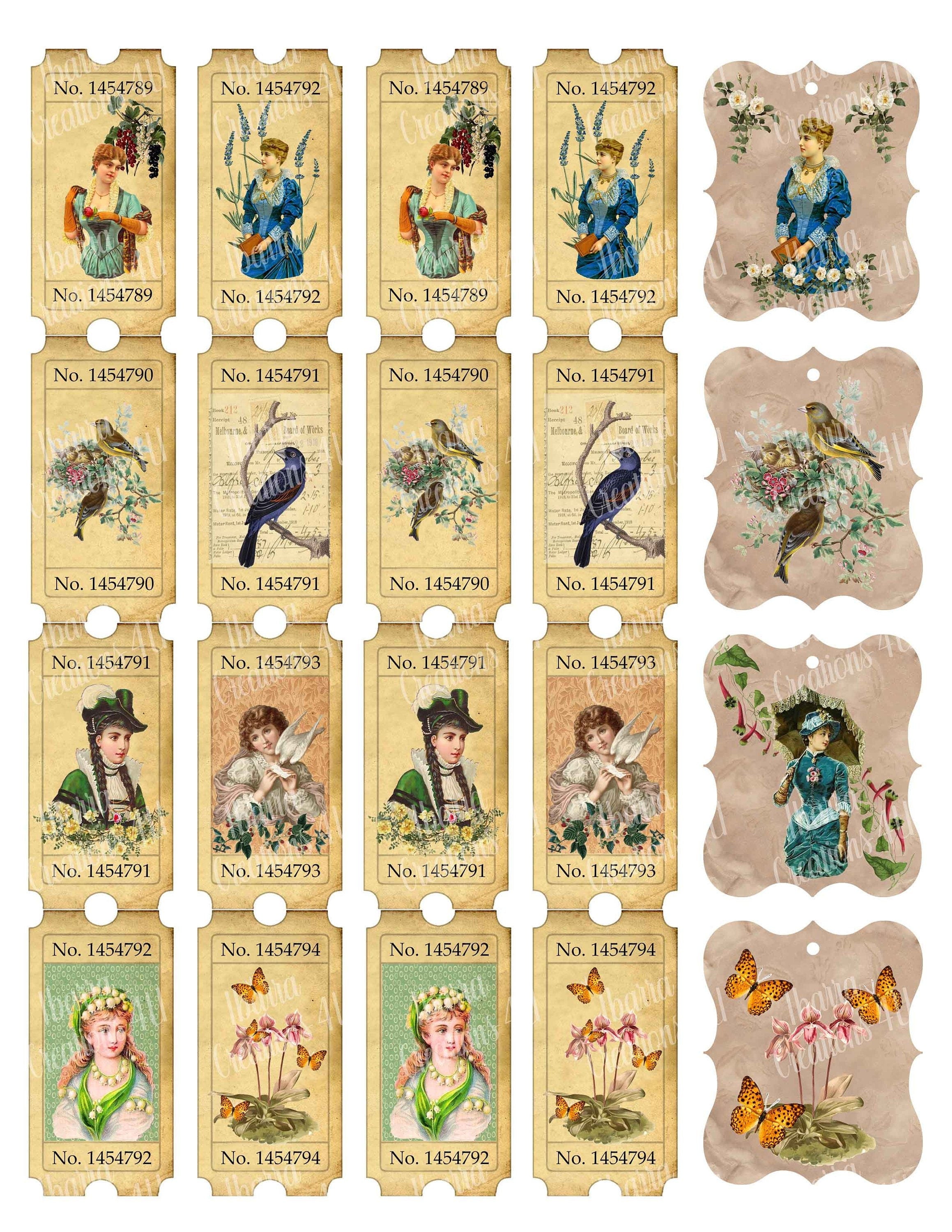 Digital Vintage Style Tickets, Fancy Tags, Victorian Ladies